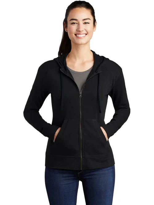Sport-Tek Ladies PosiCharge Tri-Blend Wicking Fleece Full-Zip Hooded Jacket with custom logo embroidery