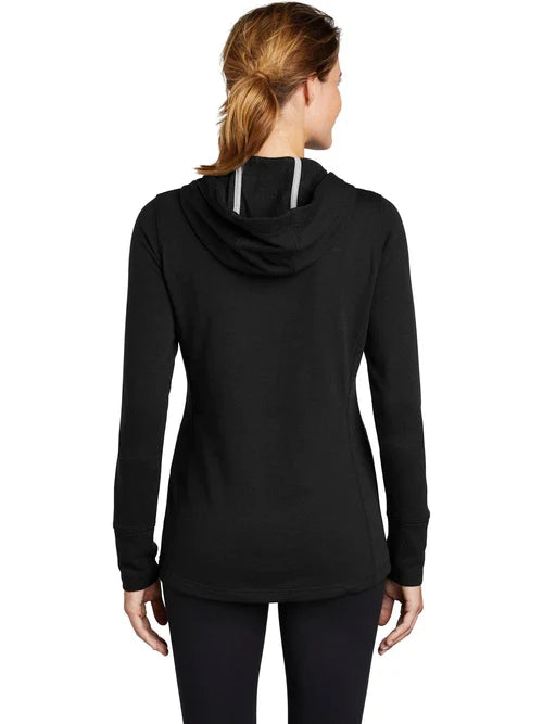 Sport-Tek Ladies PosiCharge Tri-Blend Wicking Fleece Hooded Pullover with custom logo embroidery