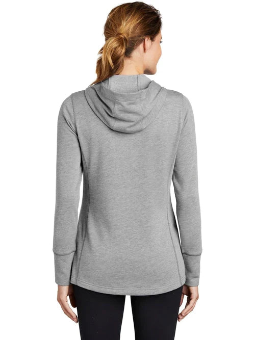 Sport-Tek Ladies PosiCharge Tri-Blend Wicking Fleece Hooded Pullover with custom logo embroidery