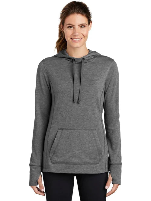 Sport-Tek Ladies PosiCharge Tri-Blend Wicking Fleece Hooded Pullover with custom logo embroidery
