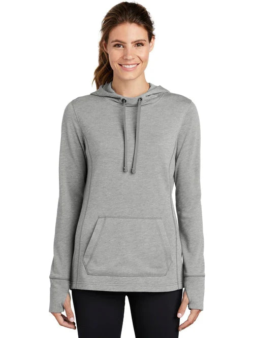 Sport-Tek Ladies PosiCharge Tri-Blend Wicking Fleece Hooded Pullover with custom logo embroidery
