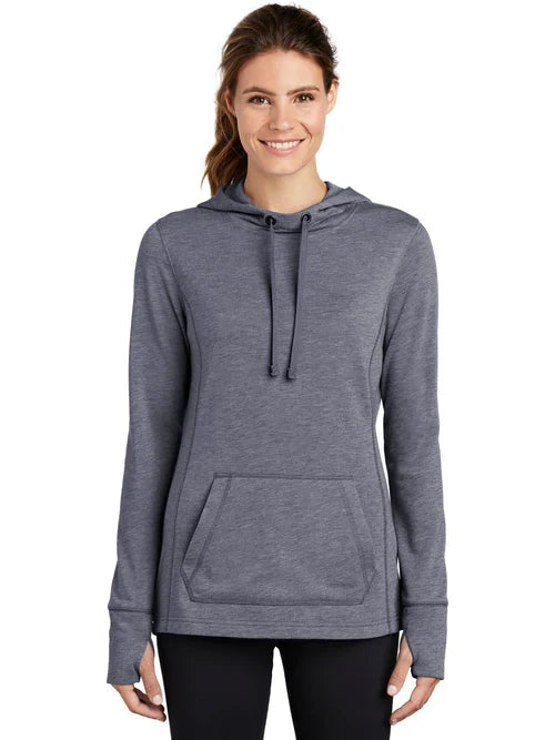 Sport-Tek Ladies PosiCharge Tri-Blend Wicking Fleece Hooded Pullover with custom logo embroidery