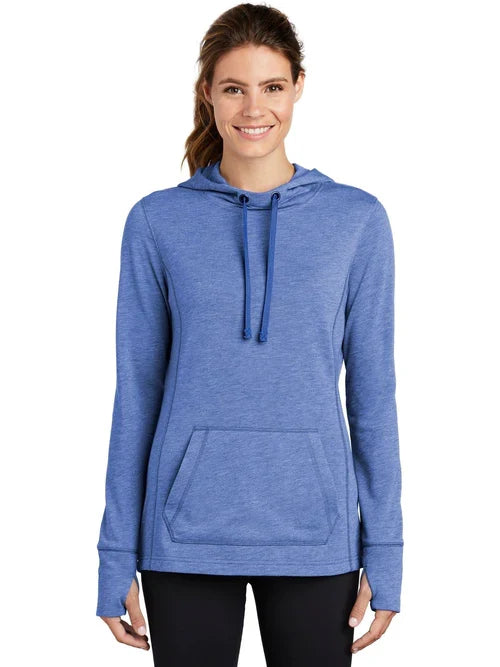 Sport-Tek Ladies PosiCharge Tri-Blend Wicking Fleece Hooded Pullover with custom logo embroidery