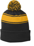 Sport-Tek Stripe Pom Pom Beanie with custom logo embroidery