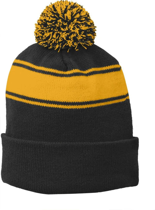 Sport-Tek Stripe Pom Pom Beanie with custom logo embroidery