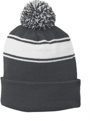 Sport-Tek Stripe Pom Pom Beanie with custom logo embroidery